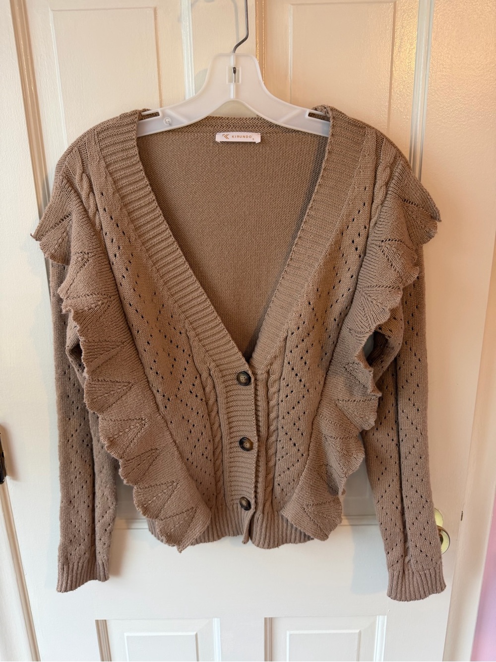 Ruffled V-Neck Button Cardigan Sweater - Taupe